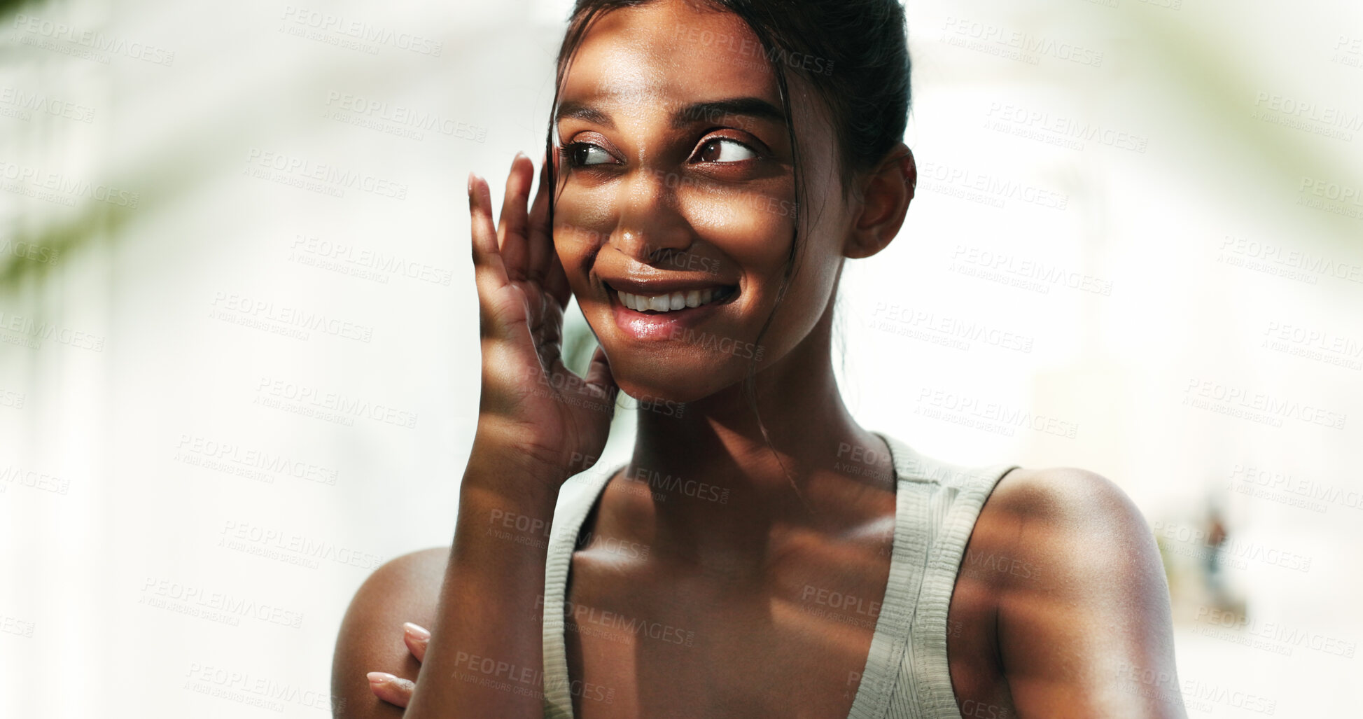 Buy stock photo Skincare, woman and cosmetics with dermatology, smile and confidence with wellness. Person, beauty and girl with grooming routine, treatment for acne and glow with clear skin and aesthetic with shine
