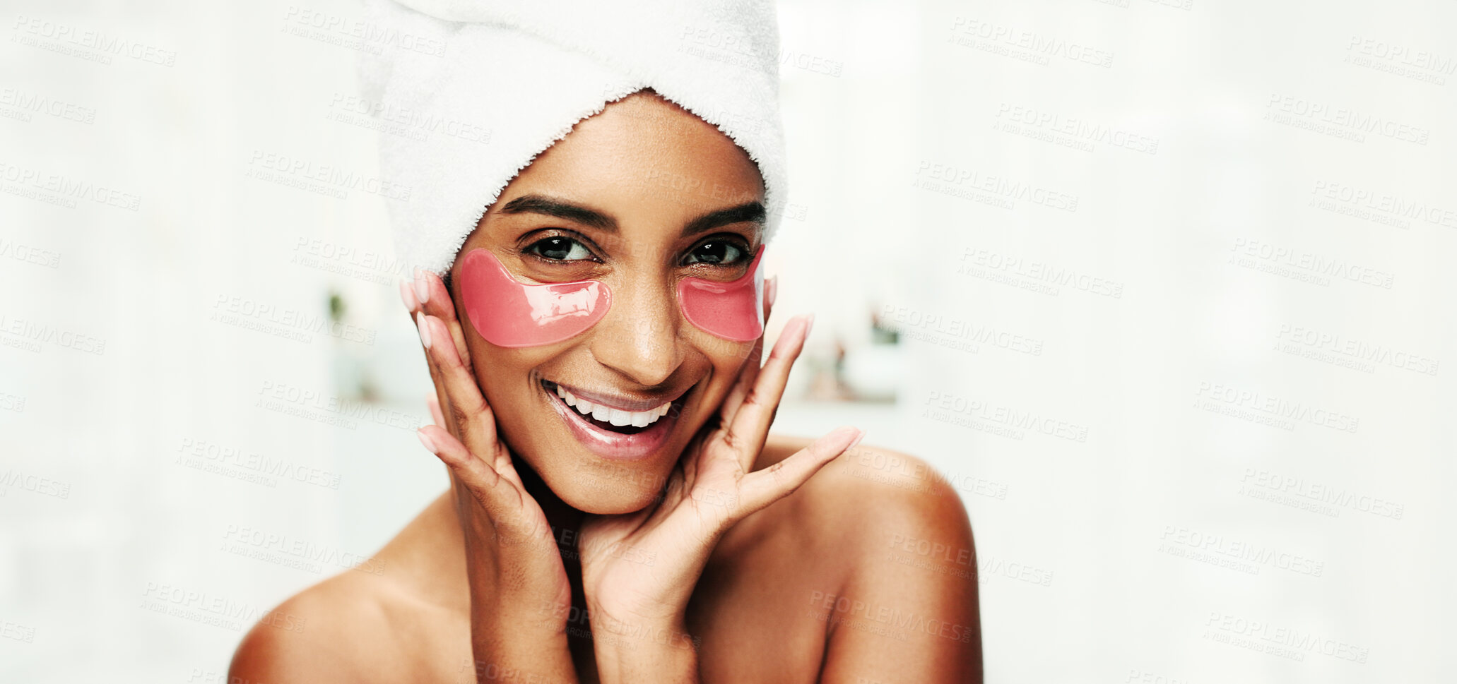 Buy stock photo Woman, portrait and skincare with eye patch in home, facial treatment and collagen with confidence. Bathroom, person and happy with gel for beauty, cosmetics and hygiene mask in towel by mockup space