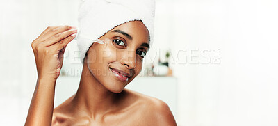 Buy stock photo Bathroom, woman and portrait with serum for skincare, wellness and anti aging by mockup space. Collagen, female person and face cosmetics with dropper for beauty, oil treatment and vitamin c in home