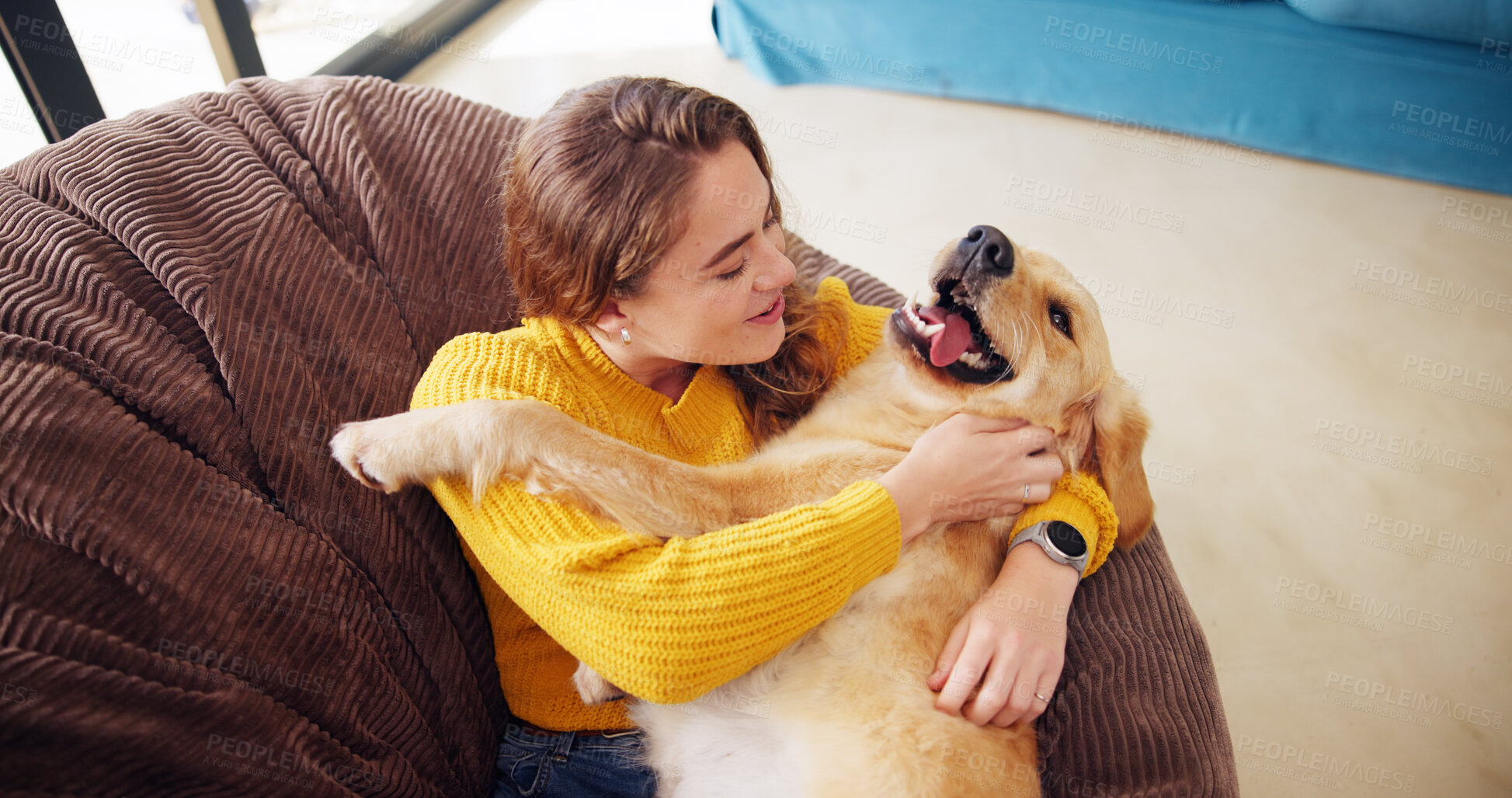 Buy stock photo House, above and woman with dog, relax and bonding together with smile, happiness and play. Apartment, pet and person on sofa, comfort and domestic animal with care, best friend and resting in lounge