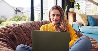 Buy stock photo Woman, student and rest on laptop at house for research, scholarship application and university report. Female person, relax and online with college website, studying schedule and registration portal