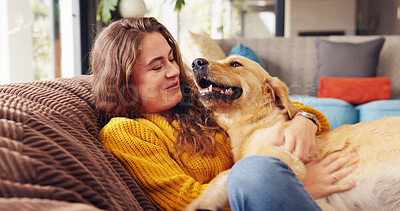 Buy stock photo House, dog and woman with care, relax and bonding together with smile, best friends and resting. Apartment, pet and person with comfort, love and domestic animal with happiness and playful in lounge
