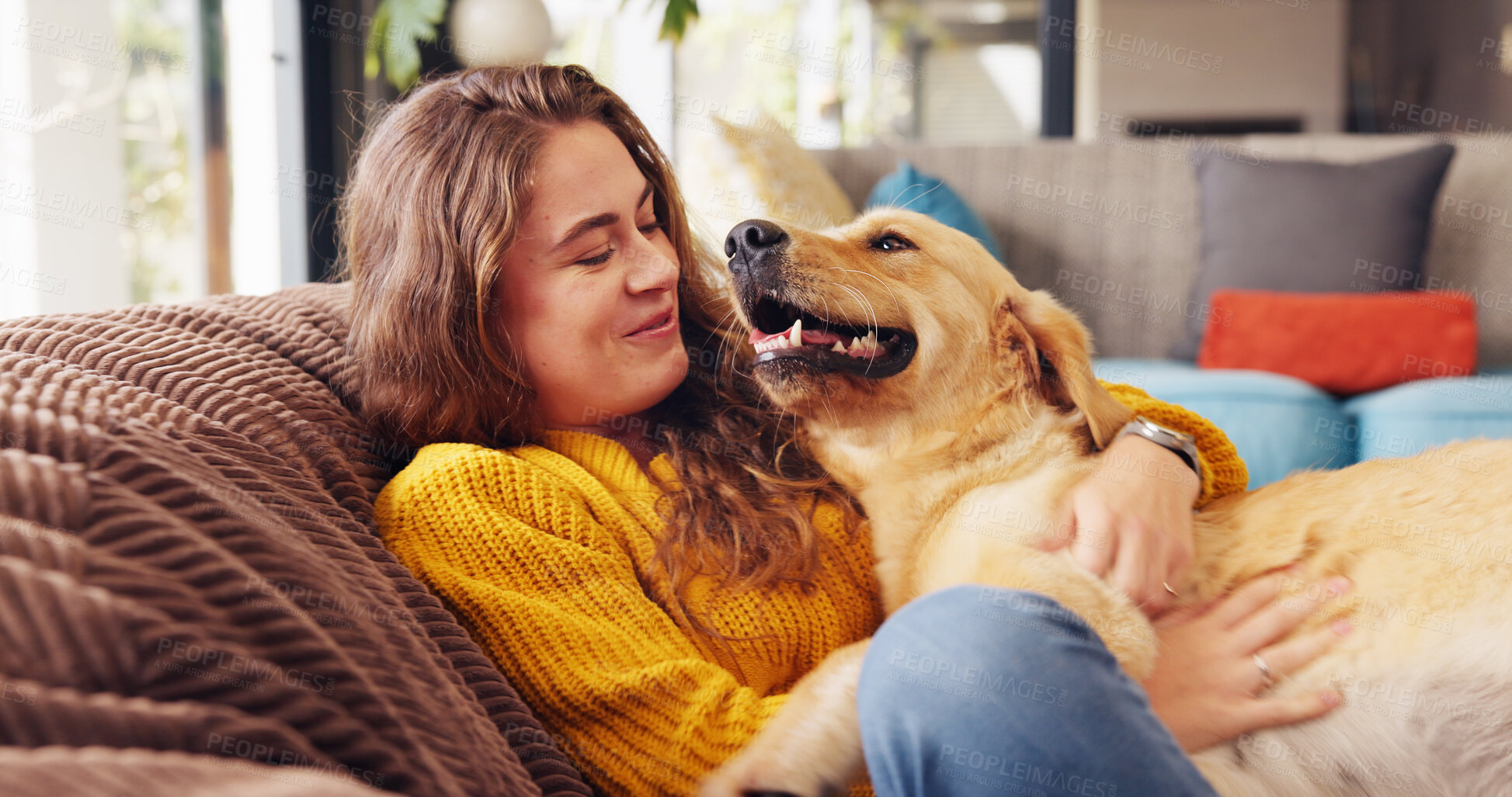 Buy stock photo House, dog and woman with care, relax and bonding together with smile, best friends and resting. Apartment, pet and person with comfort, love and domestic animal with happiness and playful in lounge