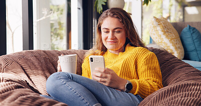 Buy stock photo Woman, coffee and relax with phone at house of research, scholarship application and university report. Student, rest and beverage for mobile on social media, college schedule and registration portal