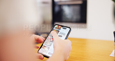 Buy stock photo Hands, person and phone screen for food shopping with search, meal choice and restaurant catalog. Customer, scroll and mobile website for ecommerce delivery, nutrition lunch and online order at house