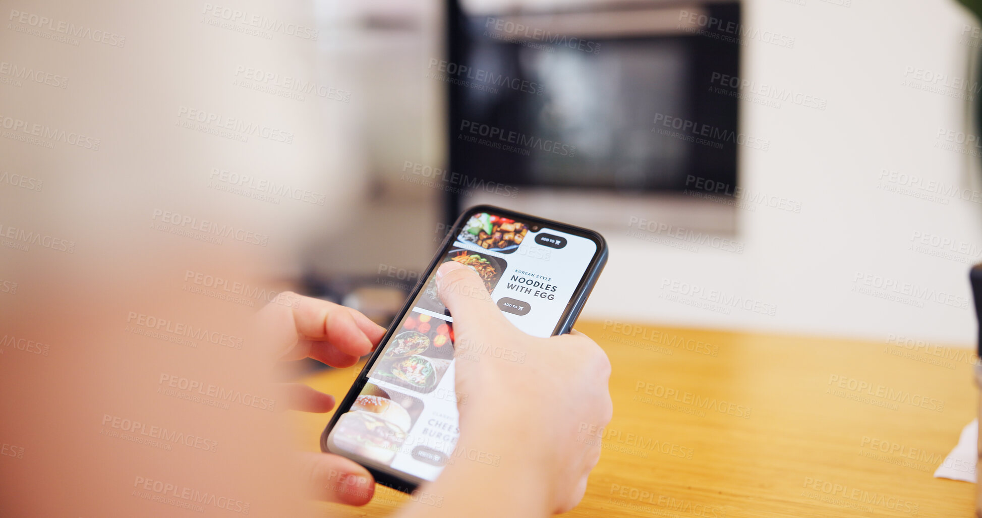 Buy stock photo Hands, person and phone screen for food shopping with search, meal choice and restaurant catalog. Customer, scroll and mobile website for ecommerce delivery, nutrition lunch and online order at house