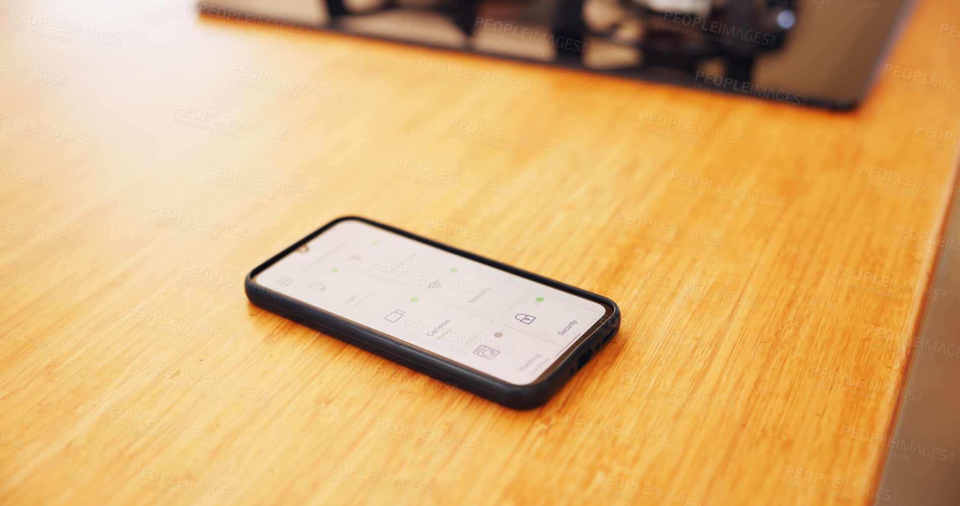 Buy stock photo Home automation, phone screen and app for options of smart house, air condition and security network. Mobile, website and icons for apartment management, lighting system and ai programming of setting