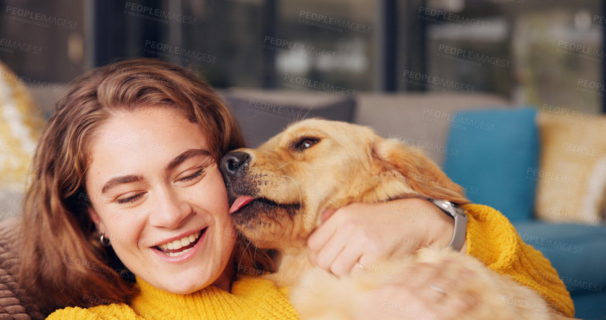 Buy stock photo House, dog and woman on sofa, playing and bonding together with smile, hug and carefree. Apartment, pet and person on couch, comfort and domestic animal with happiness, support and embrace in lounge