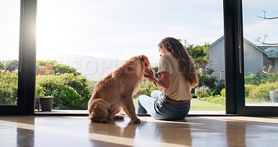 Buy stock photo Bonding, playing or training with woman and dog on floor of home together for love, loyalty or trust. Affection, companion or feeding with pet owner and labrador retriever in apartment for treat