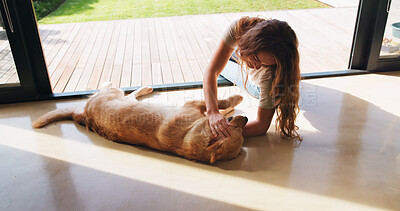 Buy stock photo Bonding, petting or playing with woman and dog on floor of home together for love, loyalty or trust. Affection, companion or cuddle with pet owner and labrador retriever in apartment for fun or games