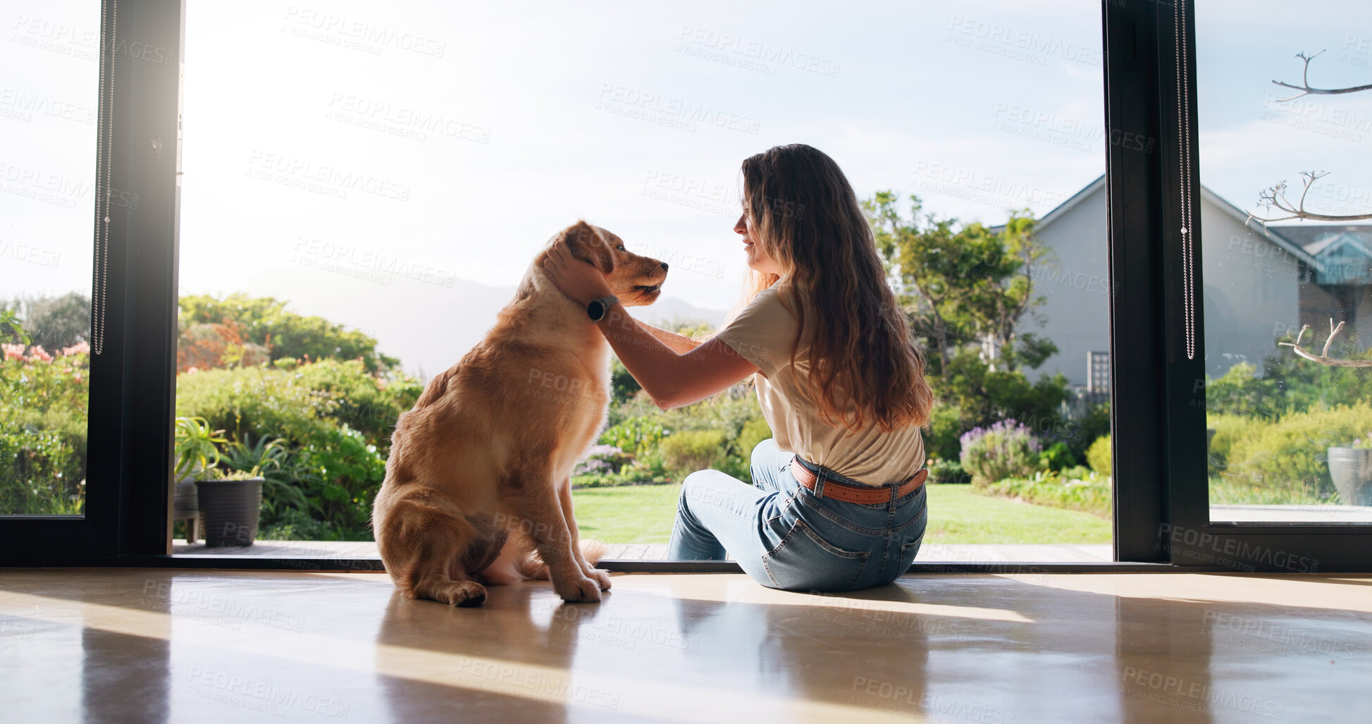Buy stock photo Bonding, cuddle or playing with woman and dog on floor of home together for love, loyalty or trust. Affection, companion or petting with pet owner and labrador retriever in apartment for fun or games