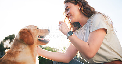 Buy stock photo Playing, training and woman with dog outdoor for connection with animal adoption at home. Happy, companion and female person with puppy for fun together with pet insurance in backyard at house.