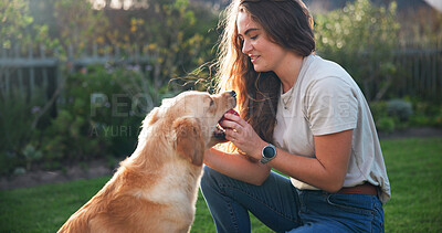 Buy stock photo Playing, love and woman with dog outdoor for connection with animal adoption at home. Happy, bonding and female person with puppy companion for fun together with pet insurance in backyard at house.