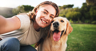 Buy stock photo Happy woman, portrait and selfie with dog on grass field for picture, memory or companion in nature. Female person, labrador or golden retriever with smile for capture moment, hug or love for pet