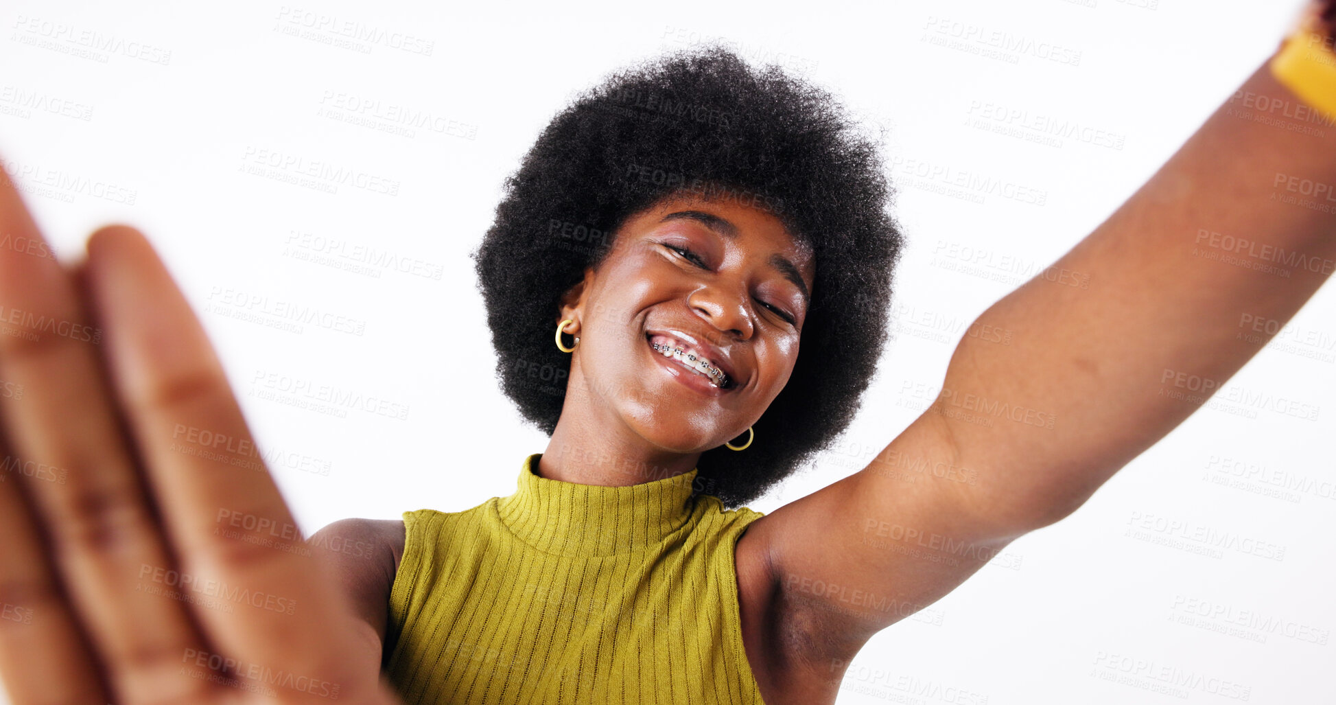 Buy stock photo Hand frame, portrait and black woman in studio for profile picture, memory or selfie for fashion. Happy, capture and African content creator with photography for social media by white background.