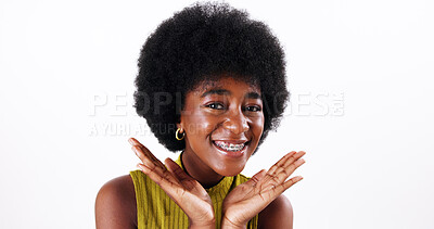 Buy stock photo Portrait, afro and beauty of black woman with hair care, salon treatment or natural texture. Face, hairstyle and happy model with growth, skin or cosmetics at hairdresser on white studio background