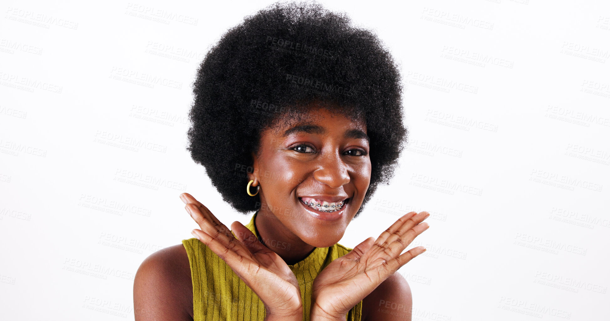 Buy stock photo Portrait, afro and beauty of black woman with hair care, salon treatment or natural texture. Face, hairstyle and happy model with growth, skin or cosmetics at hairdresser on white studio background