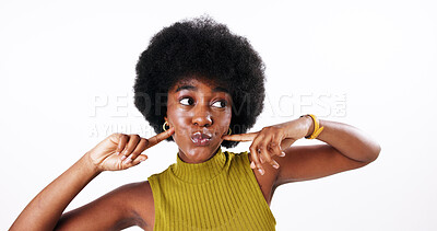 Buy stock photo Playful, afro and beauty of black woman with hair care, salon treatment or natural texture in studio. Face, white background or African model with growth, skin glow or facial cosmetics at hairdresser