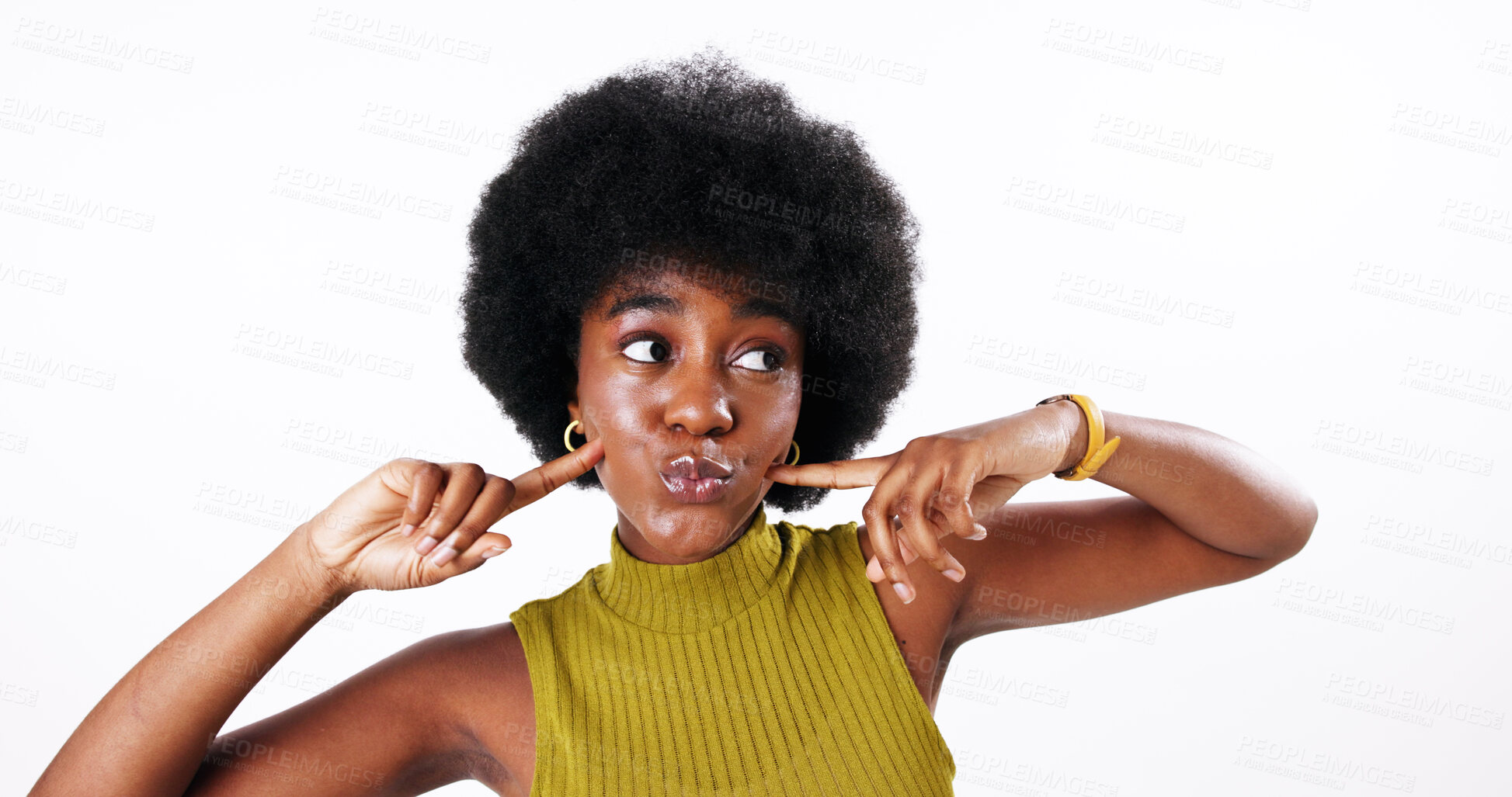 Buy stock photo Playful, afro and beauty of black woman with hair care, salon treatment or natural texture in studio. Face, white background or African model with growth, skin glow or facial cosmetics at hairdresser