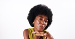 Blowing kiss, love and portrait of black woman isolated on white background for valentines day. Afro, emoji and hand gesture of happy African model in studio for dating, flirting or romance 
