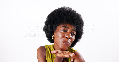 Buy stock photo Blowing kiss, love and portrait of black woman isolated on white background for valentines day. Afro, emoji and hand gesture of happy African model in studio for dating, flirting or romance 