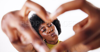 Buy stock photo Portrait, heart hands and black woman in studio, sign and kindness on white background. African person, face and model with closeup, symbol for love and romance with support, trust and emoji