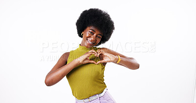 Buy stock photo Heart hands, portrait and black woman in studio for emoji, romance and valentines day gesture. Smile, female model and finger shape for love, thank you and support of peace, care or sign of kindness