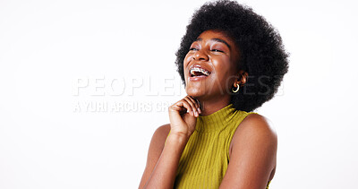 Buy stock photo Laughing, studio and woman with afro, haircare and proud of treatment for natural hair, joy or mockup. White background, funny and cosmetics for shine of hairstyle, space or black person with texture