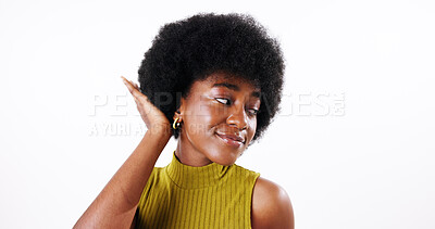 Buy stock photo Beauty, hair care and black woman with afro, salon treatment and natural texture with volume. Cosmetics, hairstyle and model with growth, glow and aesthetic at hairdresser on white studio background