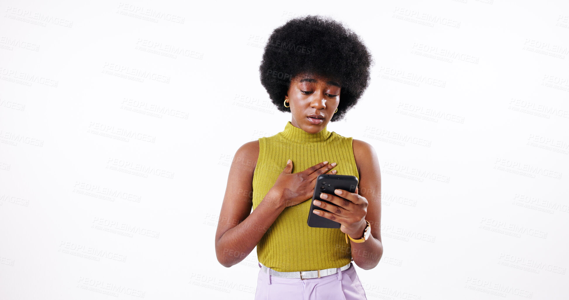 Buy stock photo Phone, sad and black woman in studio reading post of bad news on social media for communication. Cellphone, emotion and African influencer with shocking celebrity update on blog by white background.