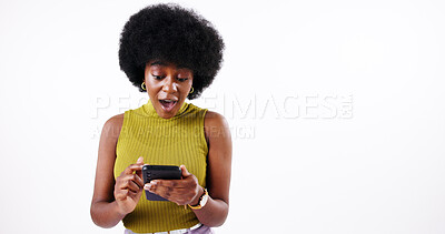 Buy stock photo Wow, surprise and black woman with smartphone for university, good news and acceptance on white background. Winner, celebration and happy girl with phone for college, achievement and mockup space