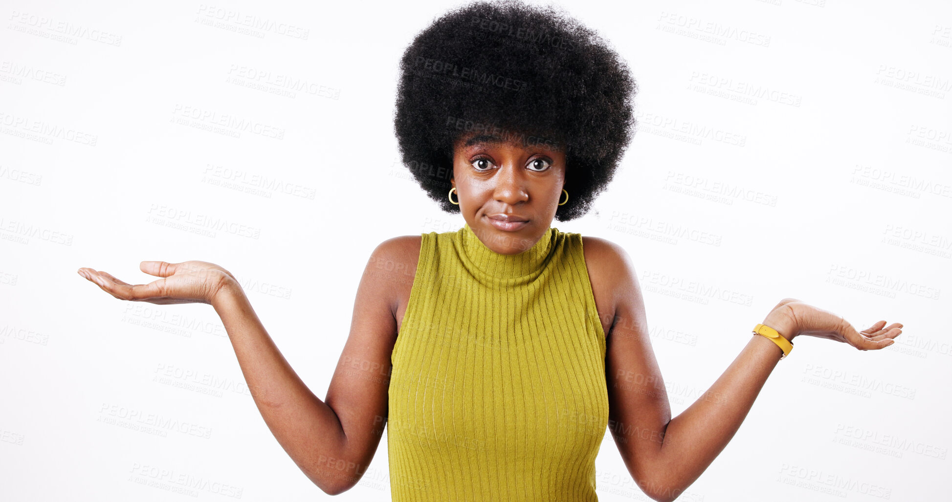 Buy stock photo Confused, portrait and shrug of black woman with why, hands or dont know gesture on white background. Doubt, uncertain and African model with questions, decision and clueless mockup in studio