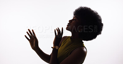 Buy stock photo Black woman, fashion and art deco style in studio, creative elegance and white background. Female person, designer outfit and confidence in clothes for aesthetic, wardrobe recreation and proud trend