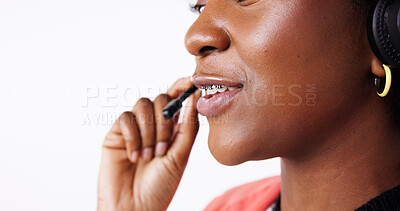 Buy stock photo Call center, mic or mouth of woman in studio for customer service, contact support on white background. Advisor, headset closeup or telecom agent with sales for finance advice, talking or feedback