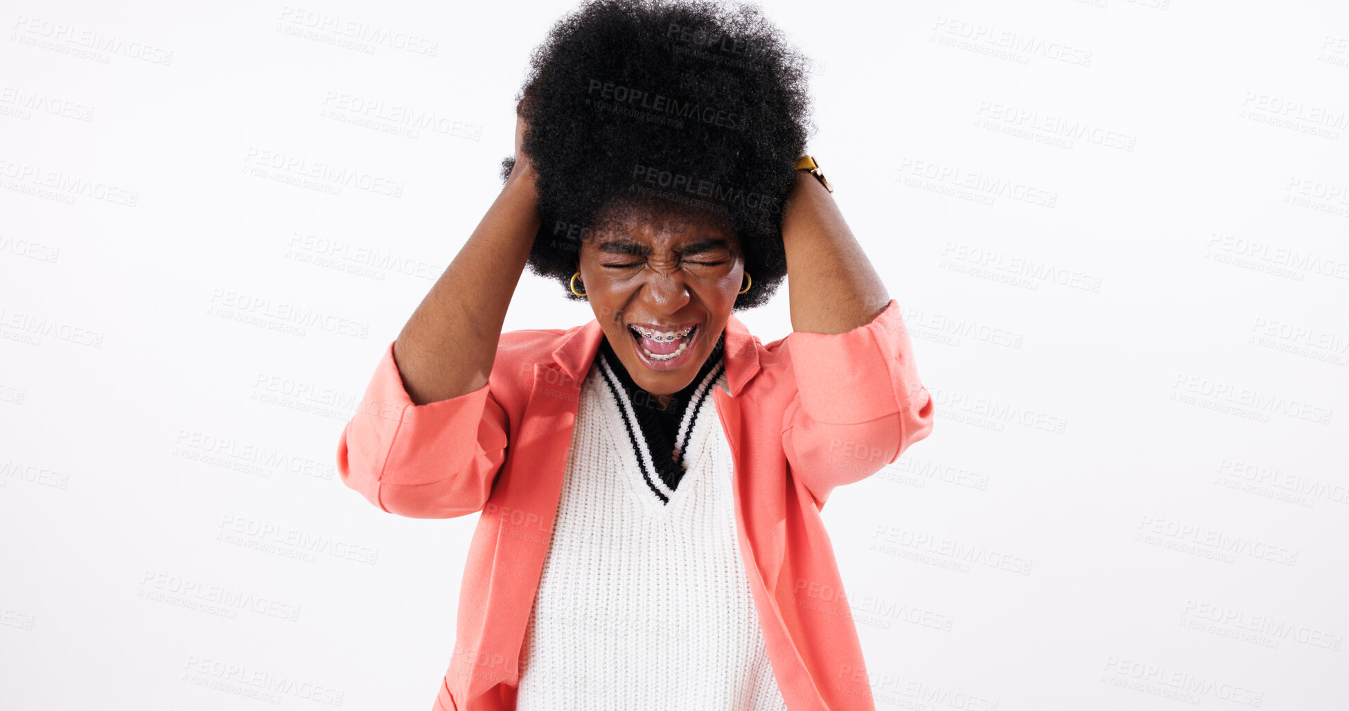 Buy stock photo Stress, anger and black woman shouting in studio frustrated for mistake, risk or regret on white background. Depression, anxiety and African model screaming with rage, fear or mental health crisis