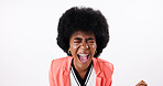 Rage, anger and black woman shouting in studio frustrated for mistake, risk or regret on white background. Depression, anxiety and African model screaming with stress, fear or mental health crisis