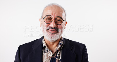 Buy stock photo Portrait, senior man and fashion in studio with glasses, stylish clothes and smile for retirement. Confident, elderly person and new frames for elegant outfit, retired journalist and white background