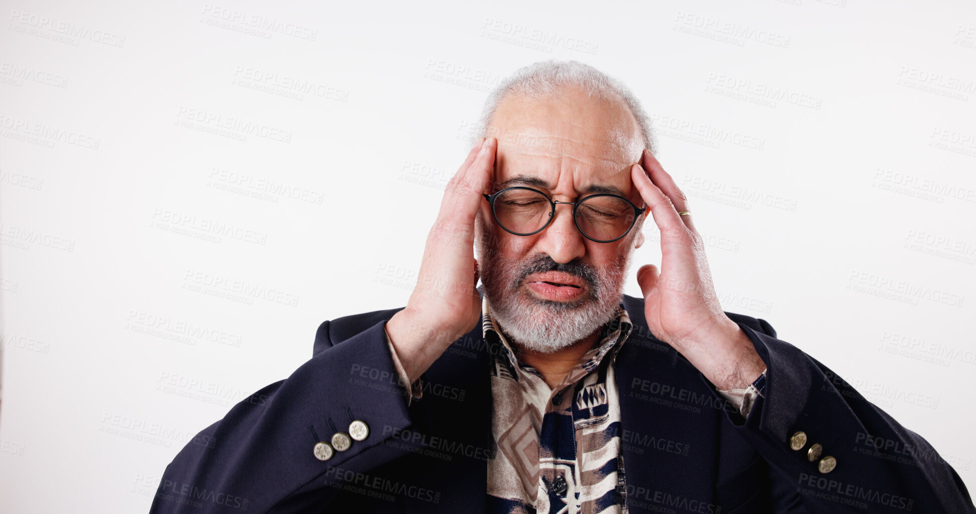 Buy stock photo Headache, glasses and senior man in studio, stress and overworked on white background. Pensioner, mature person and model with eyewear, migraine and frustrated with anxiety, pressure and confused