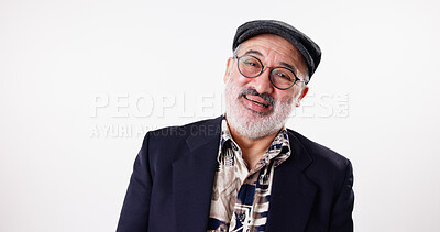 Buy stock photo Portrait, fashion and senior man with glasses, vintage style and retirement suit on white studio background. Face, smile and elderly person with spectacles for vision, trendy hat or laugh in Mexico