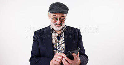 Buy stock photo Studio, smile and mature man with smartphone, typing and communication with contact, investor and online. Conversation, texting and person with mobile for chat, white background and entrepreneur