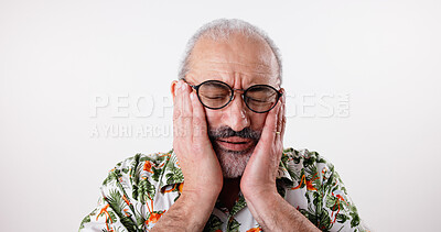 Buy stock photo Headache, glasses and old man in studio, stress and overworked on white background. Pensioner, mature person and model with eyewear, migraine and frustrated with anxiety, pressure and exhausted