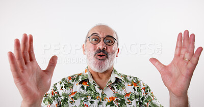 Buy stock photo Shock, confused and portrait of man in studio for announcement, promotion or deal with sale. Emoji, surprise and mature male person with wow, omg or unsure face expression by white background.