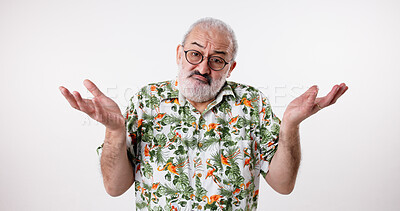 Buy stock photo Portrait, confused and old man in studio, clueless and facial expression on white background. Face, mature person and model with hand gesture, questions and why with doubt, raise arms and thinking