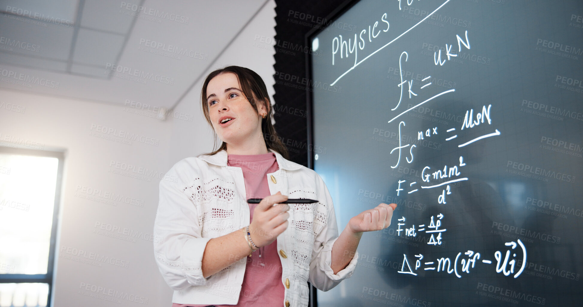 Buy stock photo Education, woman and student by board in lecture explaining science equation to class at college. Revision, writing and female person with physics research for university exam, test or assignment.