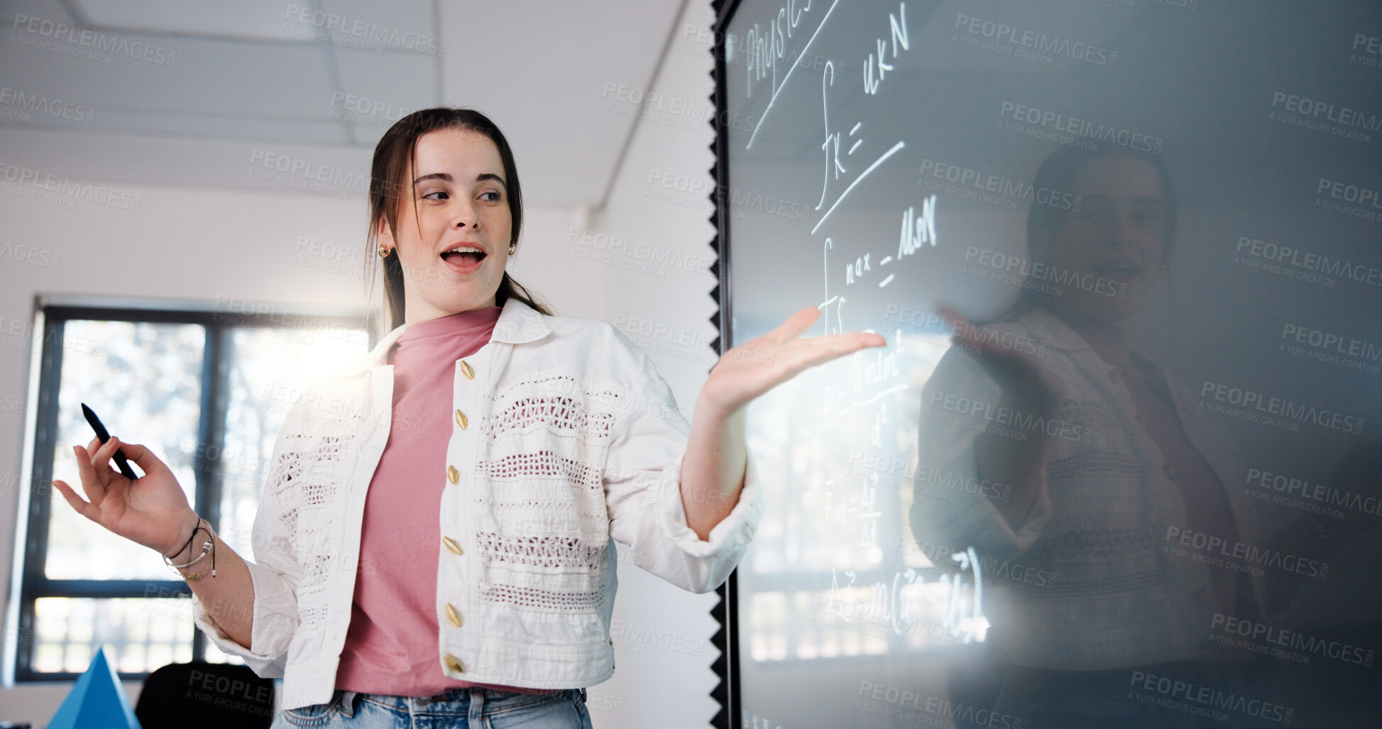 Buy stock photo Education, woman and student by board in classroom explaining science equation at college. Revision, lecture and female person writing physics research for university exam, test or assignment.