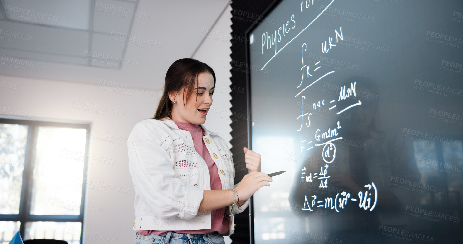 Buy stock photo College, woman and student by board in lecture explaining science equation to class for education. Revision, writing and female person with physics research for university exam, test or assignment.