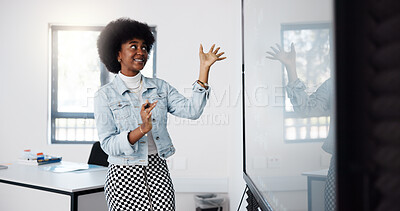 Buy stock photo Meeting, whiteboard and training with business black woman in office for coaching or development. Presentation, seminar and upskill speaker in design workplace for education or planning for project