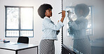 Teacher, black woman and smart board in classroom for explaining rules, exam and math education. Digital, writing and stylus with tech, lecturer and equations in university for degree in physics