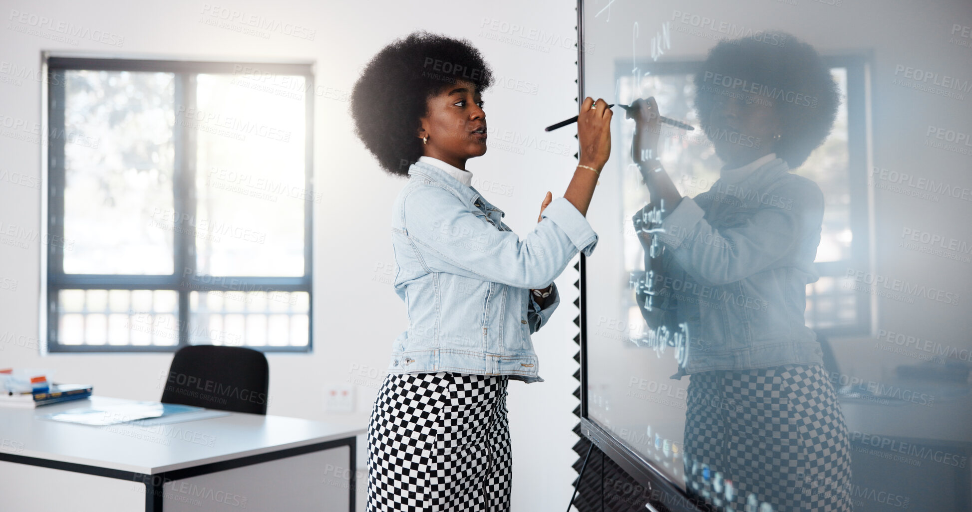 Buy stock photo Teacher, black woman and smart board in classroom for explaining rules, exam and math education. Digital, writing and stylus with tech, lecturer and equations in university for degree in physics
