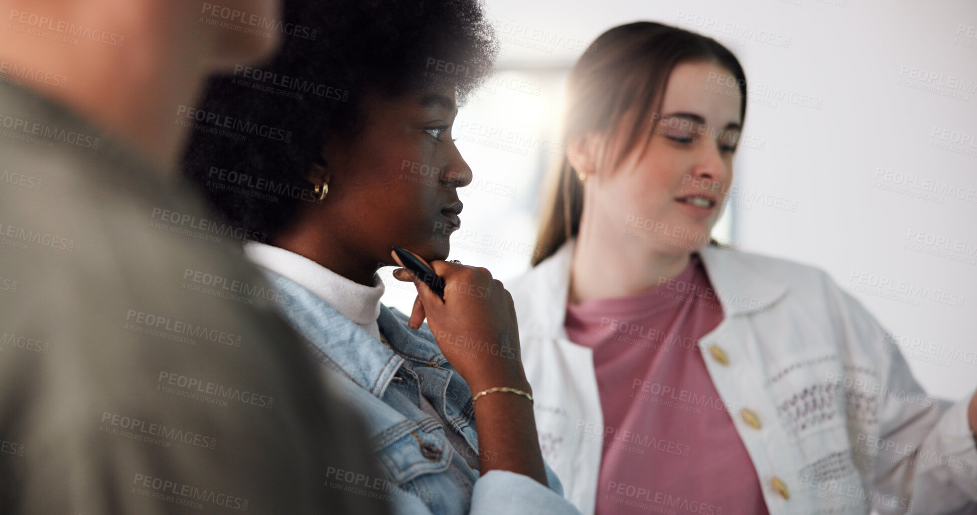 Buy stock photo Students, college and group project with people in classroom for education, future and research thesis. Brainstorming, studying and team with friends in University for knowledge, course and idea